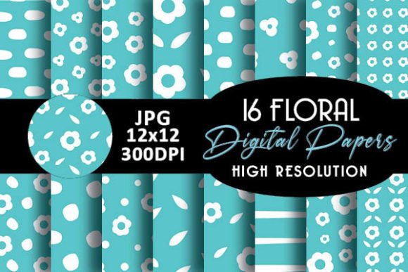 Mint Cute Floral Digital Papers Patterns