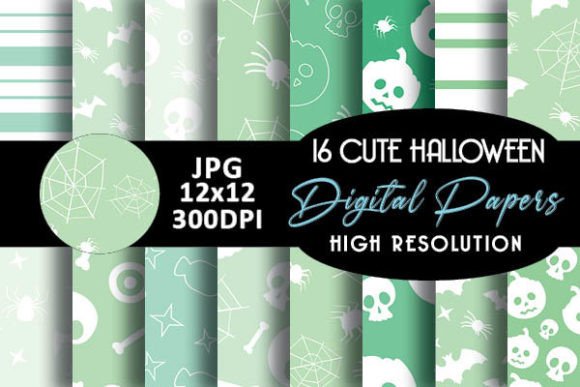 Mint Cute Halloween Digital Patterns: 16 Premium Digital Papers for Creative Projects