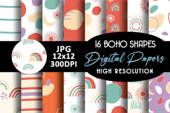 Red Boho Shapes Digital Papers Patterns
