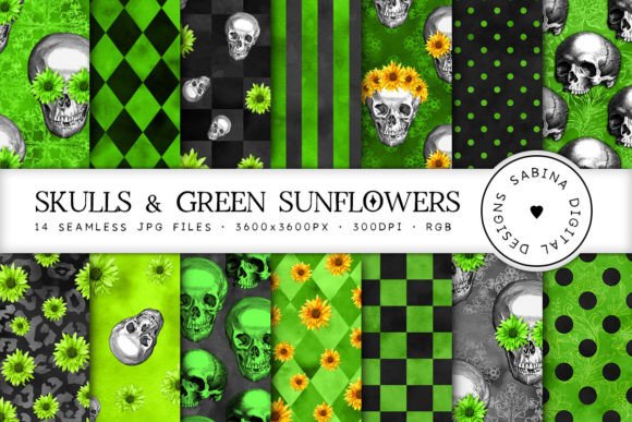 Skulls Green Flowers Seamless Patterns